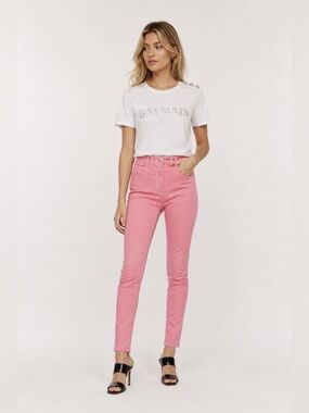 Balmain Paris Pink Skinny Jeans White Stitch Logo Pocket Made in Italy Size 42